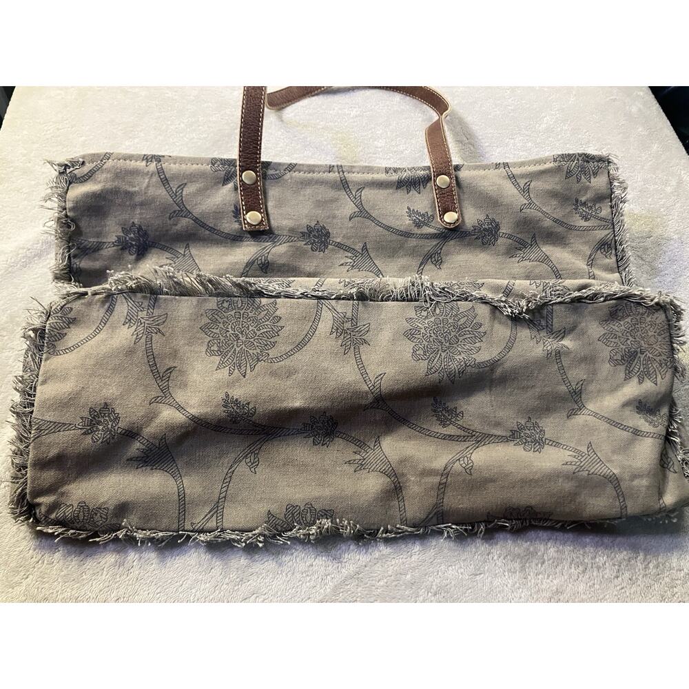 Myra Bag Gray Floral Zip Tote w/ Brown Leather Double Handles Lined Pockets - Picture 7 of 10